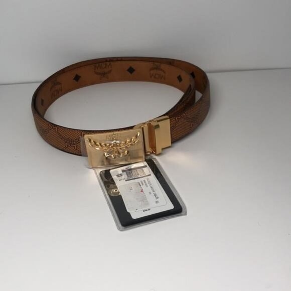 New Authentic MCM Garland Plaque Buckle Print Belt in 24K Gold Plating - Picture 4 of 12